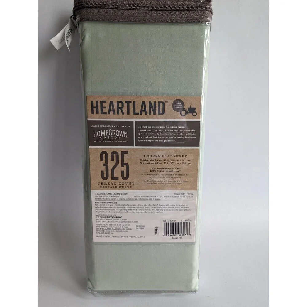 Heartland QUEEN Flat Sheet 325 TC 100% Cotton Percale LT GREEN
